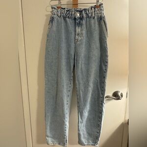 Zara Denim Ruffled Waist Cropped Jeans